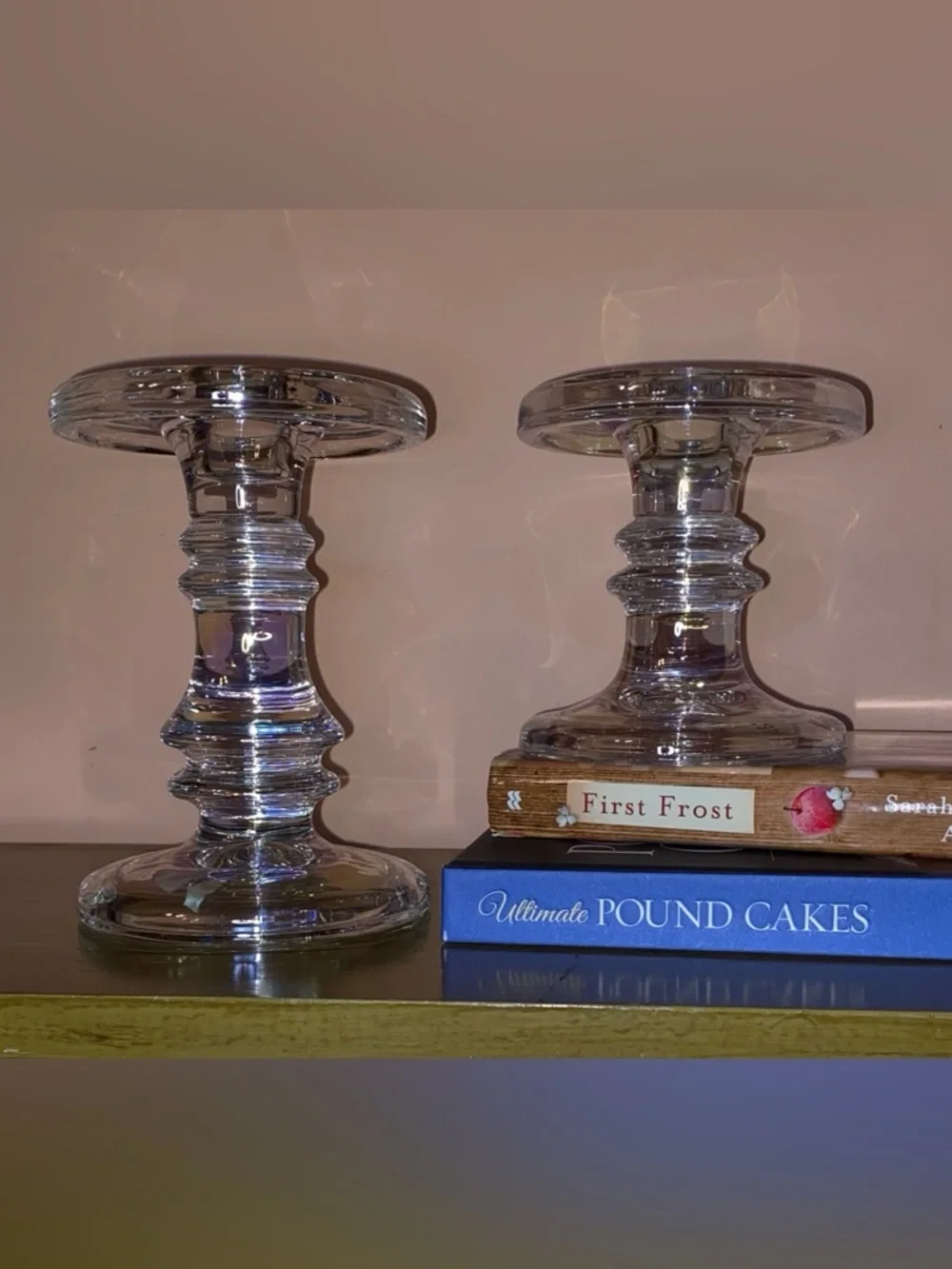 KROSNO POLAND Crystal Pillar & Tapered Candle Holders Iridescent Rainbow Set/2